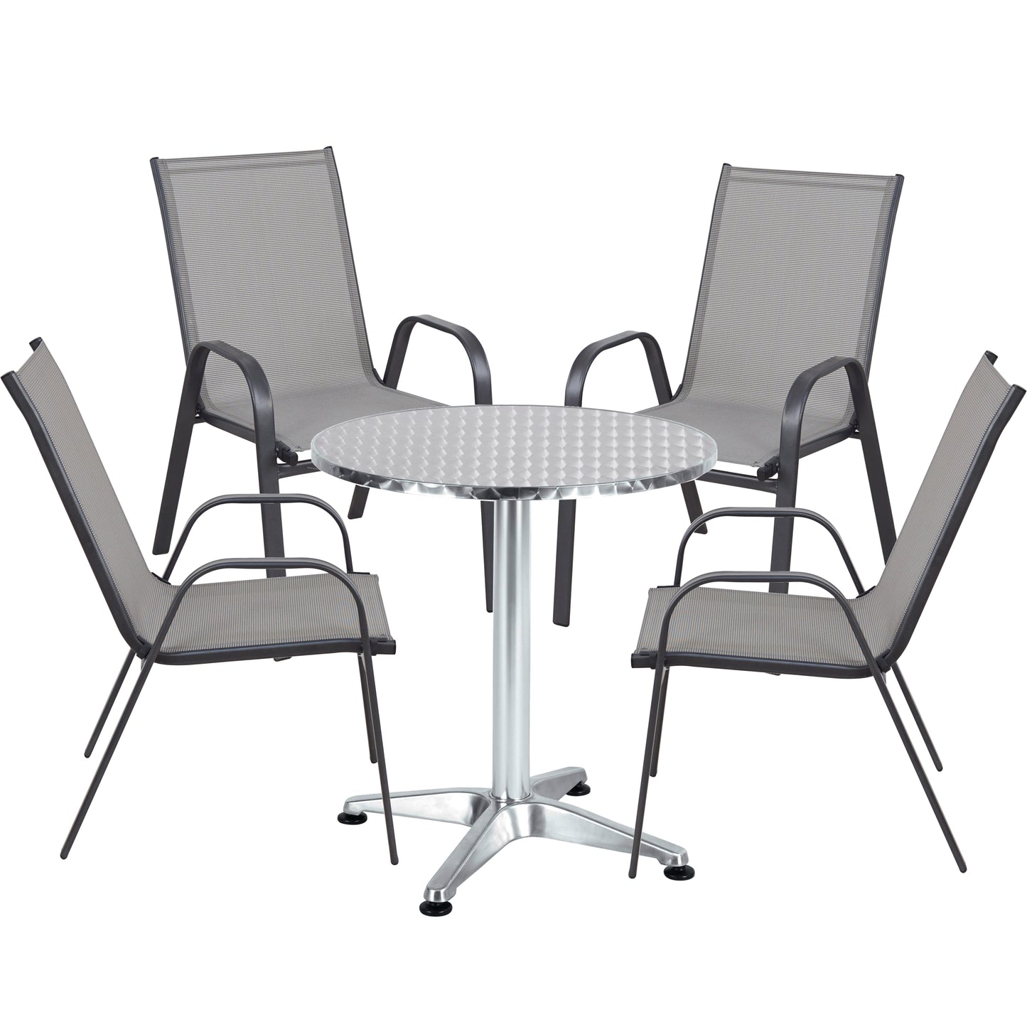BTExpert 23.75" Round Steel Table + 4 Gray Flexible Sling Stack Chairs Indoor Outdoor Commercial Lightweight