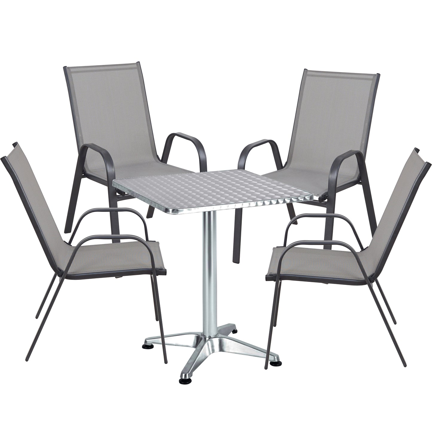 BTExpert 23.75" Square Steel Table + 4 Gray Flexible Sling Stack Chairs Indoor Outdoor Commercial Lightweight