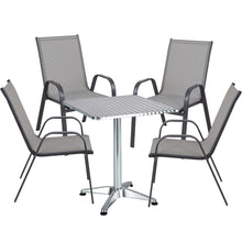 BTExpert Indoor Outdoor 23.75" Square Restaurant Table Stainless Steel Silver Aluminum + 4 Gray Flexible Sling Stack Chairs Commercial Lightweight