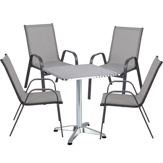 BTExpert 23.75" Square Steel Table + 4 Gray Flexible Sling Stack Chairs Indoor Outdoor Commercial Lightweight