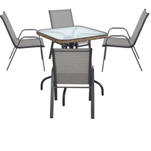 BTExpert Indoor Outdoor 28" Square Tempered Glass Metal Table Brown Rattan Trim + 4 Gray Restaurant Flexible Sling Stack Chairs