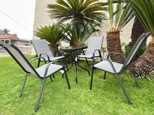 BTExpert 23.75" Round Glass Metal Table + 4 Gray Sling Stack Chairs, Indoor Outdoor Commercial Lightweight