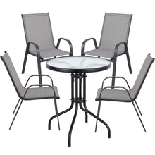 BTExpert Indoor Outdoor 23.75" Round Tempered Glass Metal Table + 4 Gray Flexible Sling Stack Chairs Commercial Lightweight