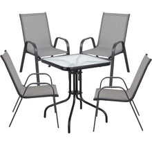 BTExpert Indoor Outdoor 23.75" Square Tempered Glass Metal Table + 4 Gray Flexible Sling Stack Chairs Commercial Lightweight
