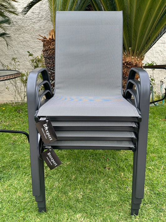 BTExpert 23.75" Square Steel Table + 3 Gray Flexible Sling Stack Chairs Indoor Outdoor Commercial Lightweight