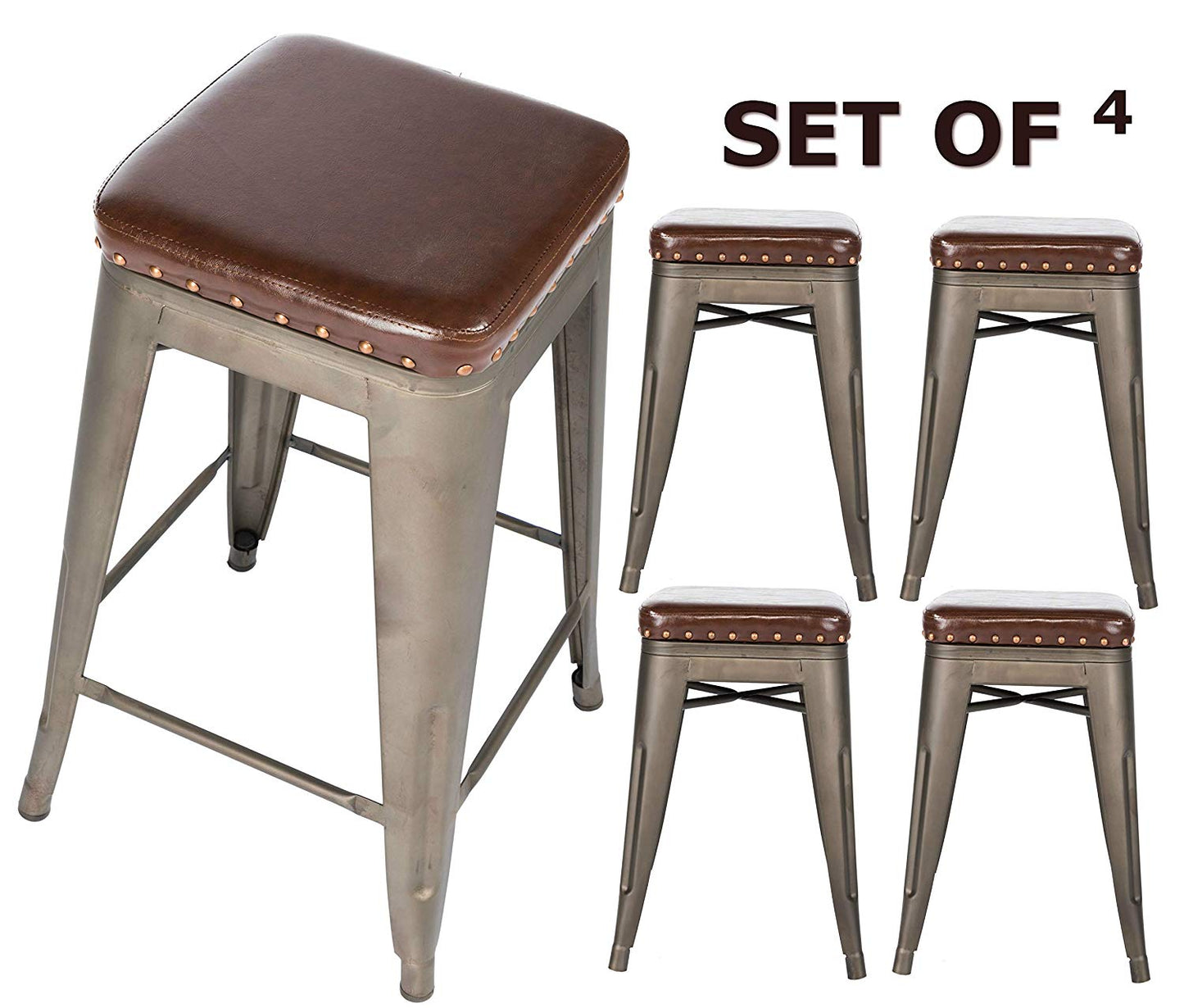 BTExpert Stackable 24" PU Upholstered Barstools, Nail Trim, Vintage Bronze Industrial Accent - Set of 4