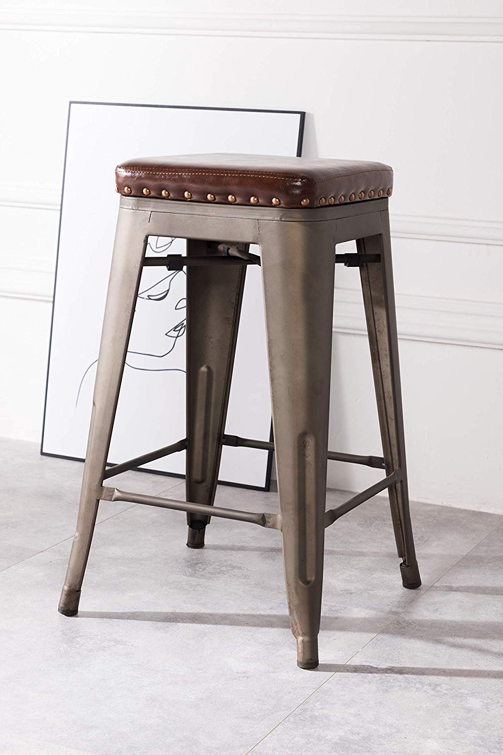 BTExpert Stackable 24" PU Upholstered Barstools, Nail Trim, Vintage Bronze Industrial Accent - Set of 4