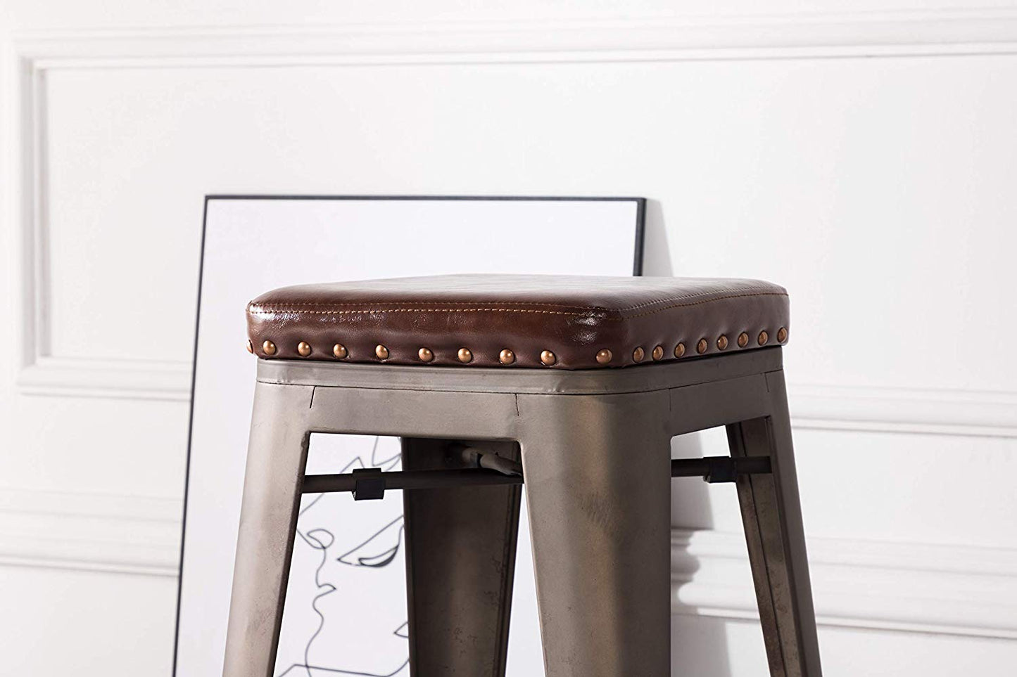 BTExpert Stackable 24" PU Upholstered Barstools, Nail Trim, Vintage Bronze Industrial Accent - Set of 4