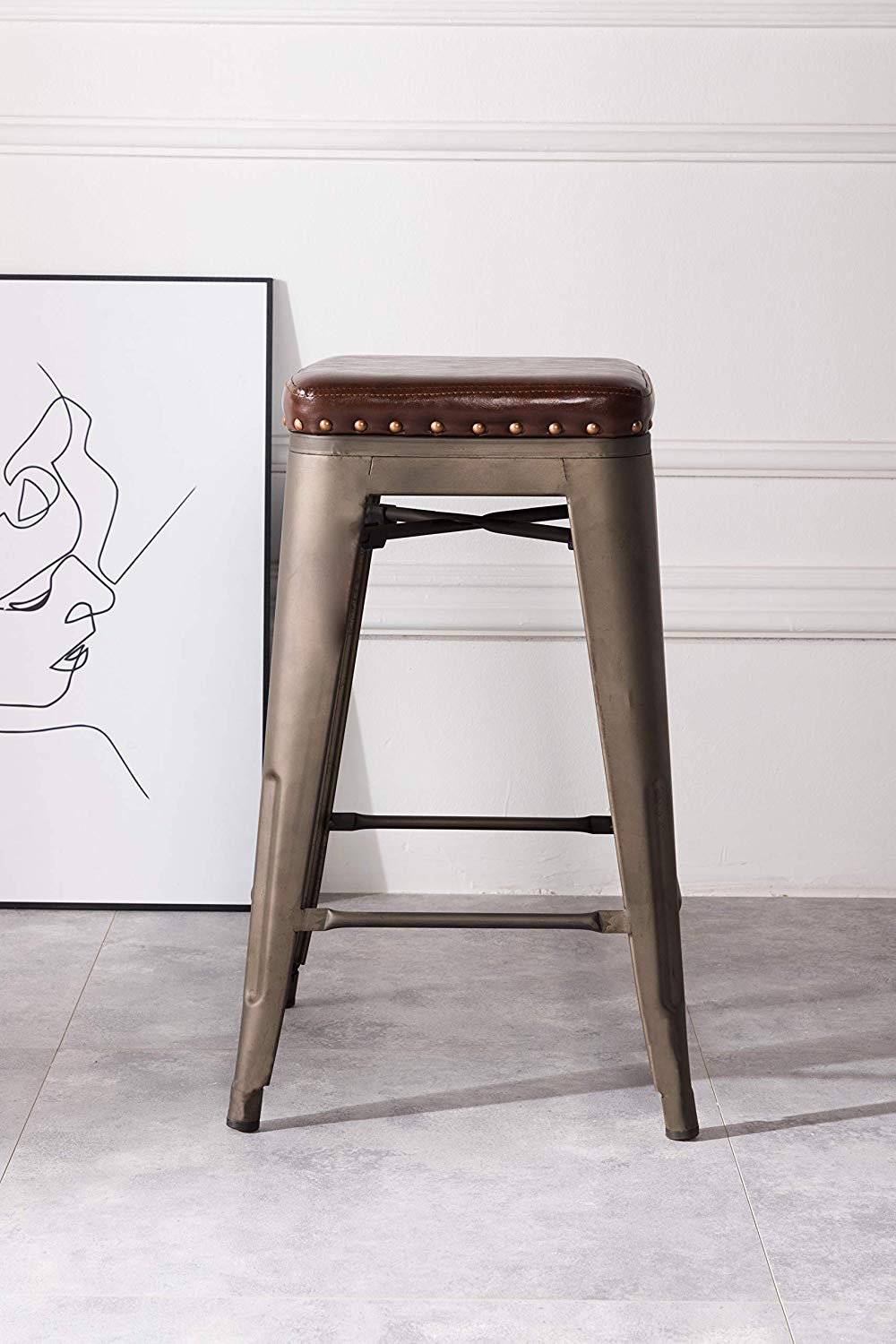 BTExpert Stackable 24" PU Upholstered Barstools, Nail Trim, Vintage Bronze Industrial Accent - Set of 4
