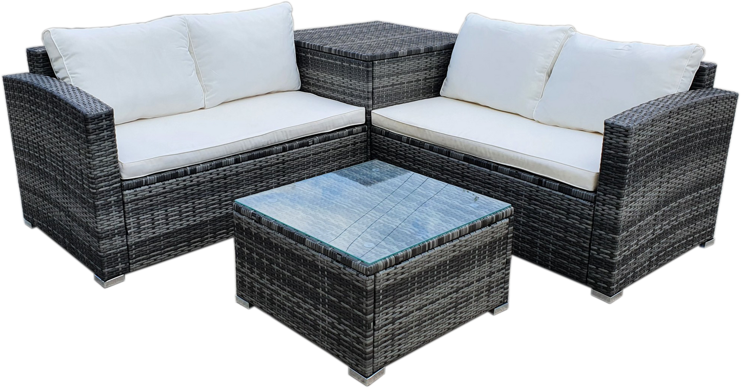 BTExpert 4-Piece Outdoor Sectional Sofa Set, Rattan Patio Storage Table & Cushions, Poolside Wicker Furniture, Summer Cream