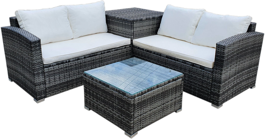 4 Piece Outdoor Sectional Sofa Set Rattan Patio Storage End Table Deck Yard Garden Poolside Wicker Furniture Couch Table Cushions Side Summer Cream