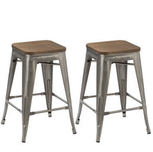 24" Metal Antique Brush Distressed Counter BarStool Wood seat (Set of 4)