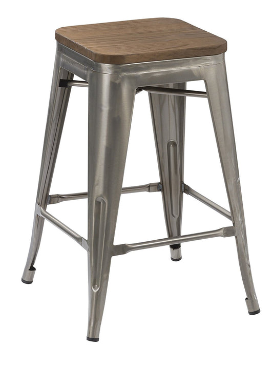 24" inch Metal Vintage Gunmetal Distressed Bar Stool Modern Wood top - Seat- 2
