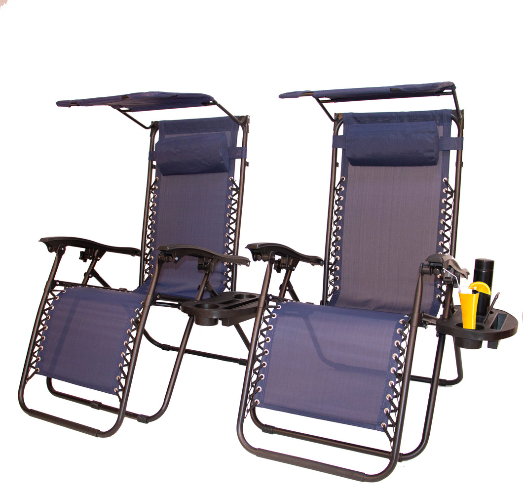 Zero Gravity Chair Lounge Outdoor Pool Patio Beach Yard Garden Sunshade Utility Tray Cup Holder Two Case Pack (Set of 2 pcs), Piece, Blue with Canopy