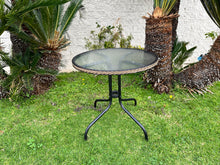 BTExpert Indoor Outdoor 28" Round Tempered Glass Metal Table Brown Rattan Trim + 4 Brown Restaurant Flexible Sling Stack Chairs