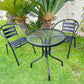 BTExpert Indoor Outdoor 23.75" Round Tempered Glass Table Black + 2 Black Metal Slat Stack Lightweight Chairs
