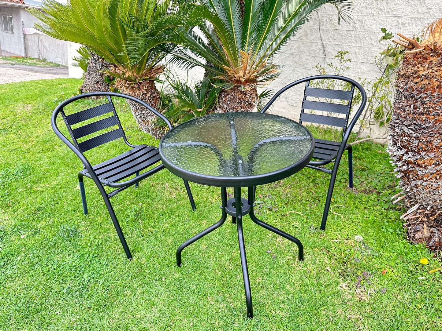 BTExpert Indoor Outdoor 23.75" Round Tempered Glass Table Black + 2 Black Metal Slat Stack Lightweight Chairs