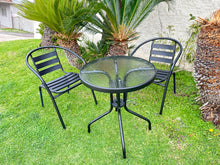 BTExpert Indoor Outdoor 23.75" Round Tempered Glass Metal Table Black  + 2 Black Restaurant Metal Aluminum Slat Stack Chairs Lightweight