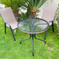 BTExpert Indoor Outdoor 28" Round Glass Table Brown Rattan Trim + 4 Brown Sling Stack Chairs