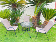 BTExpert Indoor Outdoor 28" Round Tempered Glass Metal Table Brown Rattan Trim + 3 Brown Restaurant Flexible Sling Stack Chairs