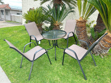 BTExpert Indoor Outdoor 28" Round Tempered Glass Metal Table Brown Rattan Trim + 4 Brown Restaurant Flexible Sling Stack Chairs