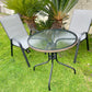 BTExpert Indoor Outdoor 28" Round Tempered Glass Metal Table Brown Rattan + 2 Gray Sling Stack Chairs