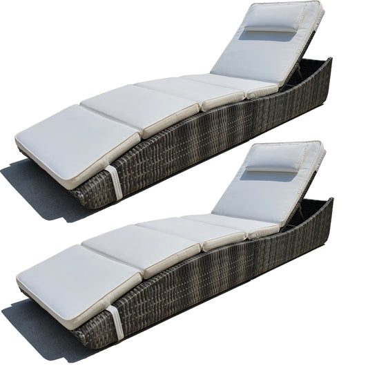 BTExpert Outdoor Foldable Chaise Lounge Chair, Wicker Rattan Sun Bed with Adjustable Backrest & Pillow - Set of 2