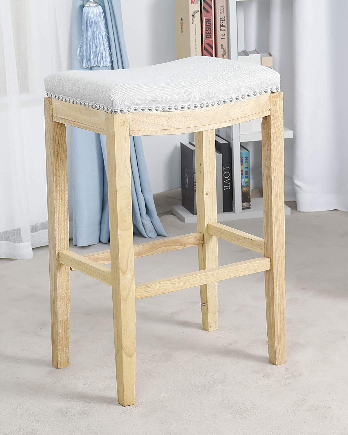 BTEXPERT Shabaz Backless Stools, Linen Beige Fabric Bar Height - Set of 2