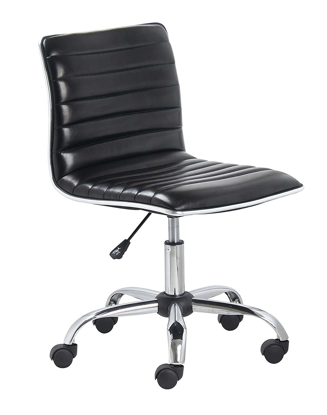 Mid Back Armless Ribbed Task Leather Chair, Black Upholstery/Chrome