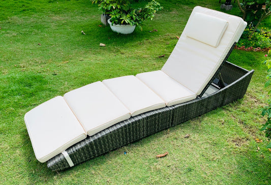 BTExpert Outdoor Foldable Chaise Lounge Chair, Wicker Rattan Sun Bed with Adjustable Backrest & Pillow - Set of 2
